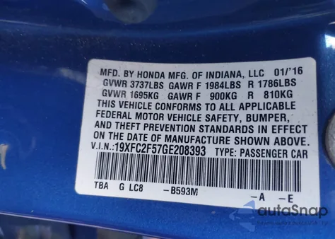 2016 Honda Civic Lx from USA, damaged, VIN 19XFC2F57GE208393